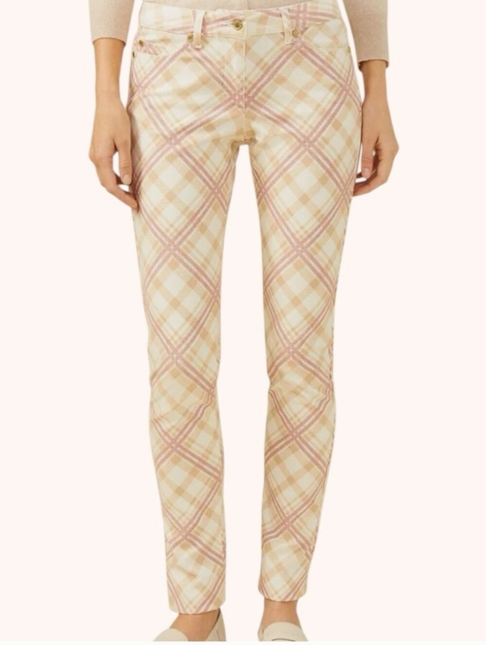 J. McLaughlin Lexi Slim-leg Jeans Beige and Red Diamond Plaid Size 8 Stretch